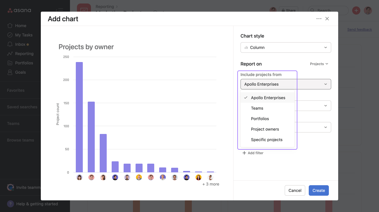 asana reporting on projects